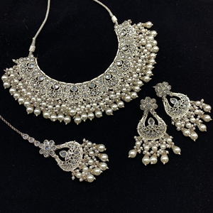 Rett White Polki Stone/White Pearls Necklace set -Silver