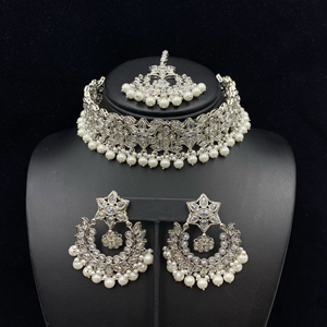 Anna White Polki Stone Choker Necklace Set - Silver