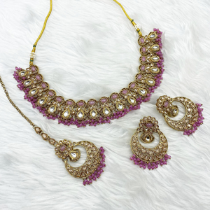 Giral Gold Polki/Kundan Lilac Stone Necklace Set - Antique Gold