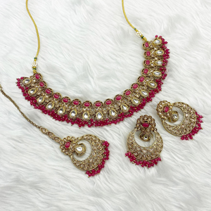 Giral Gold Polki/Kundan Cerise Stone Necklace Set - Antique Gold