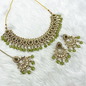 Arij Diamante Stone Olive Necklace Set - Antique Gold