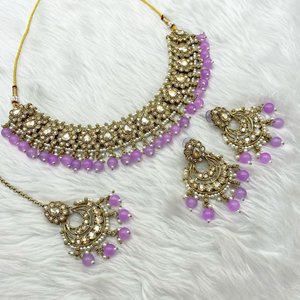 Arij Diamante Stone Lilac Necklace Set - Antique Gold