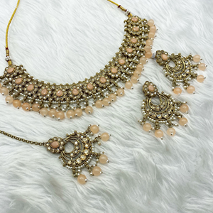 Arij Diamante Stone Peach Necklace Set - Antique Gold