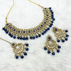 Arij Diamante Stone Navy Blue Necklace Set - Antique Gold