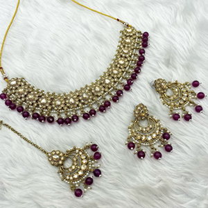 Arij Diamante Stone Dark Purple Necklace Set - Antique Gold