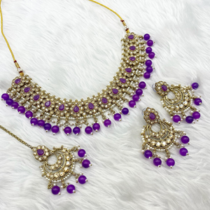 Arij Diamante Stone Purple Necklace Set - Antique Gold