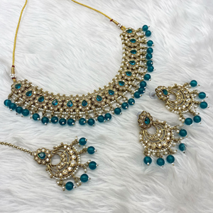 Arij Diamante Stone Peacock Necklace Set - Antique Gold