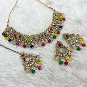 Arij Diamante Stone Multicolour Necklace Set - Antique Gold