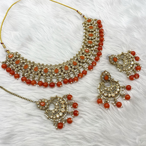 Arij Diamante Stone Orange Necklace Set - Antique Gold