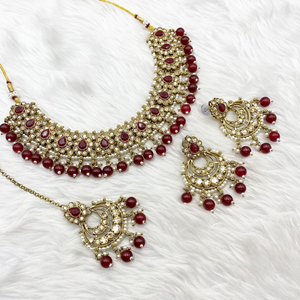 Arij Diamante Stone Maroon  Necklace Set - Antique Gold