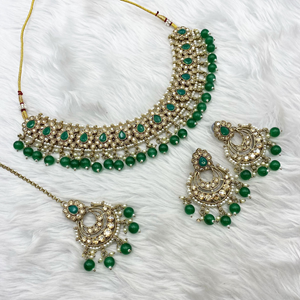 Arij Diamante Stone Green Necklace Set - Antique Gold
