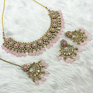 Arij Diamante Stone Baby Pink Necklace Set - Antique Gold