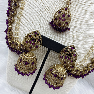 Tabu Purple Polki Stone Sahara Earring Tikka Set - Antique Gold