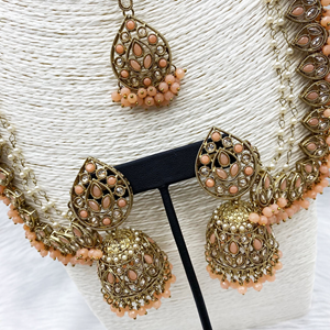 Tabu Peach Polki Stone Sahara Earring Tikka Set - Antique Gold