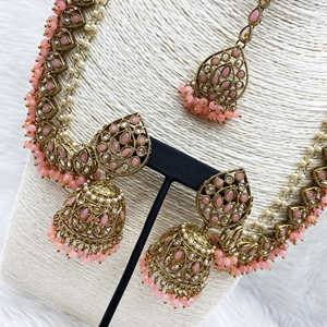 Tabu Baby Pink Polki Stone Sahara Earring Tikka Set - Antique Gold