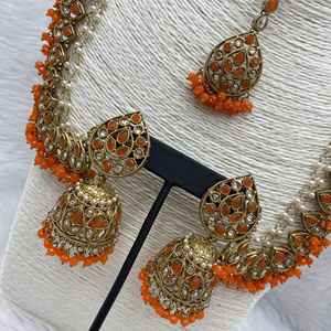 Tabu Orange Polki Stone Sahara Earring Tikka Set - Antique Gold