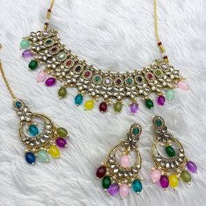 Kasi Multicolour Kundan Necklace Set - Gold  