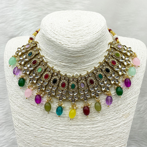 Kasi Multicolour Kundan Necklace Set - Gold  