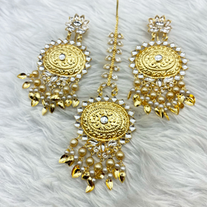 Amar -White Kundan/ Champagne Pearl  Earring Tikka Set - Gold