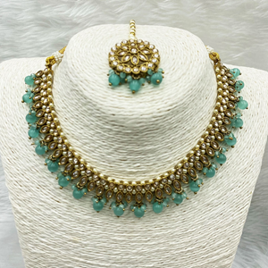 Amraya Gold Polki/Pista Beads Necklace Set - Antique Gold