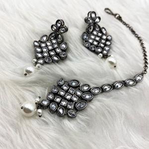Indira - White Polki Necklace Set - Gun Metal