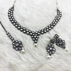 Doria White Polki Necklace Set - Gun Metal