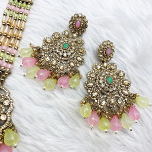 Gana Baby Pink/Pista Long Necklace Set - Antique Gold