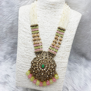Gana Baby Pink/Pista Long Necklace Set - Antique Gold