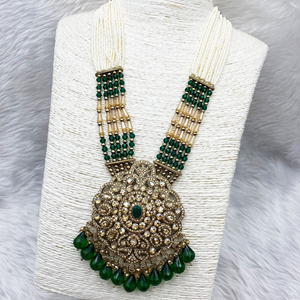 Gana Green Long Necklace Set - Antique Gold