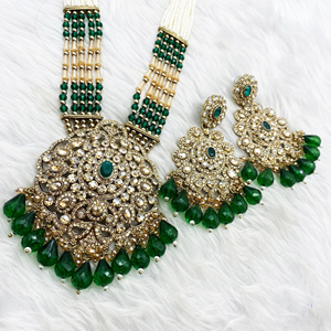 Gana Green Long Necklace Set - Antique Gold