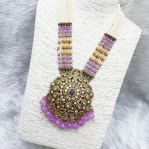 Gana Lilac Long Necklace Set - Antique Gold