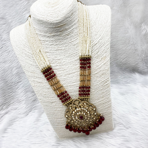Gana Maroon Long Necklace Set - Antique Gold