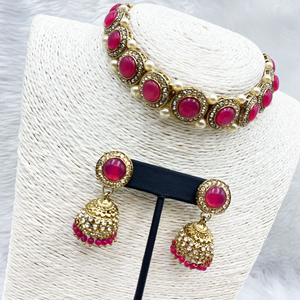 Yami Hot Pink Choker Necklace Set - Gold