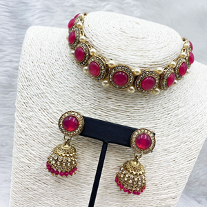 Yami Hot Pink Choker Necklace Set - Gold