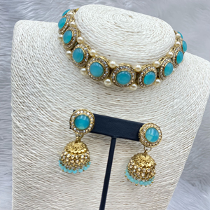 Yami Light Blue Choker Necklace Set - Gold