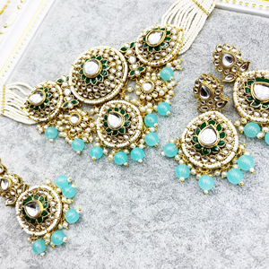 Habiba Light Blue Regal  Kundan Choker Necklace Set - Gold