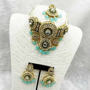 Habiba Light Blue Regal  Kundan Choker Necklace Set - Gold