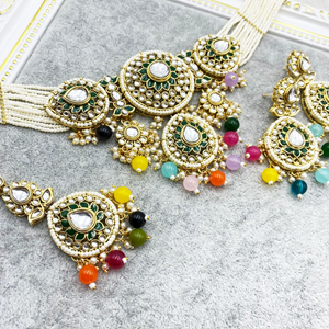 Habiba Multicolour Regal  Kundan Choker Necklace Set - Gold
