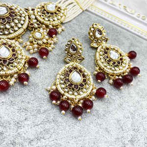 Habiba Maroon Regal  Kundan Choker Necklace Set - Gold