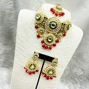 Habiba Dark Pink Regal Kundan Choker Necklace Set - Gold