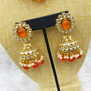 Ria Orange Kundan Choker Necklace Set - Gold
