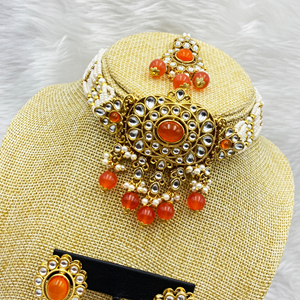 Ria Orange Kundan Choker Necklace Set - Gold