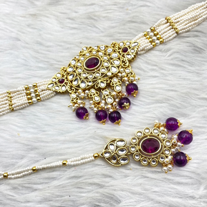 Ria Purple Kundan Choker Necklace Set - Gold