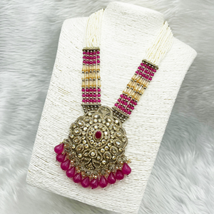 Gana Hot Pink Long Necklace Set - Antique Gold