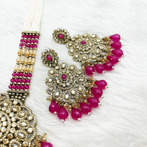 Gana Hot Pink Long Necklace Set - Antique Gold