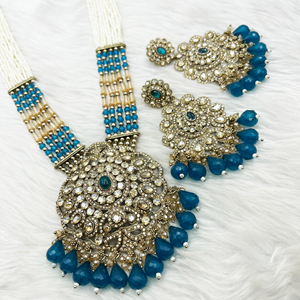 Gana Peacock Long Necklace Set - Antique Gold 