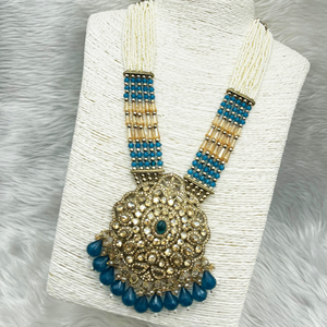 Gana Peacock Long Necklace Set - Antique Gold 