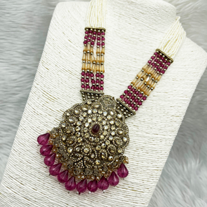 Gana Light Purple Long Necklace Set - Antique Gold