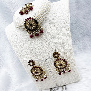 Viri Maroon Choker Necklace Set- Antique Gold