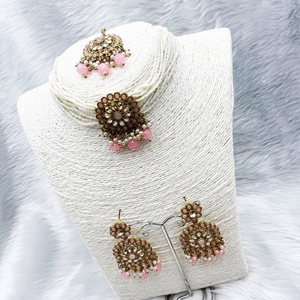 Viri Baby Pink Choker Necklace Set- Antique Gold